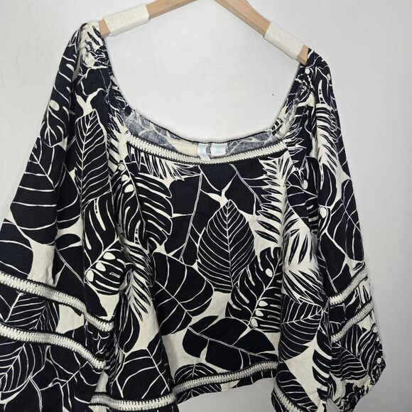 Cynthia Rowley Linen Blouse Women’s Size XL Black White Leaf Square Neck Top - Picture 2 of 6